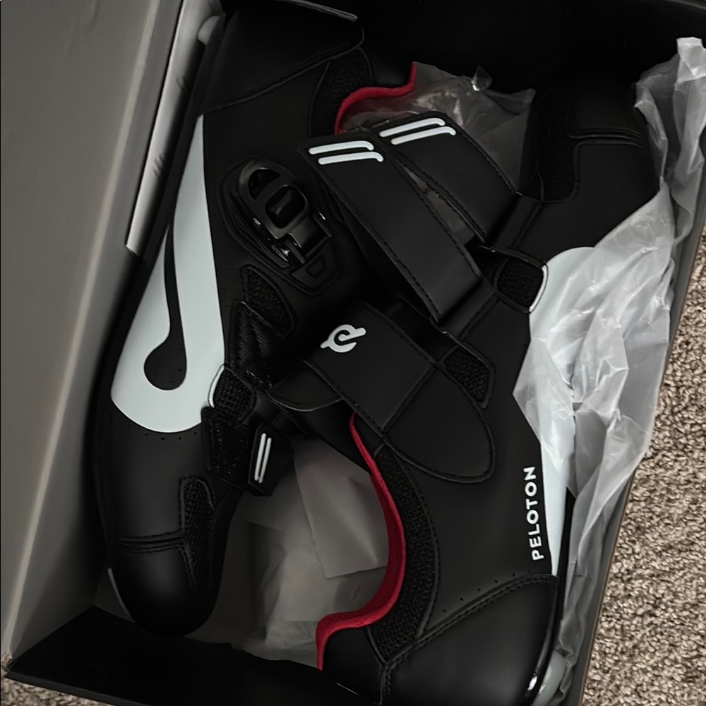 Peloton Black and White Cycling Shoes with Red Accents